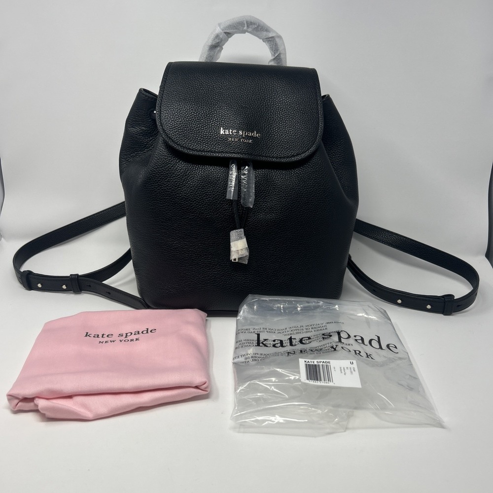 Kate Spade Medium Flap Backpack Black Pebbled Leather NWT K5489 Gold Lining